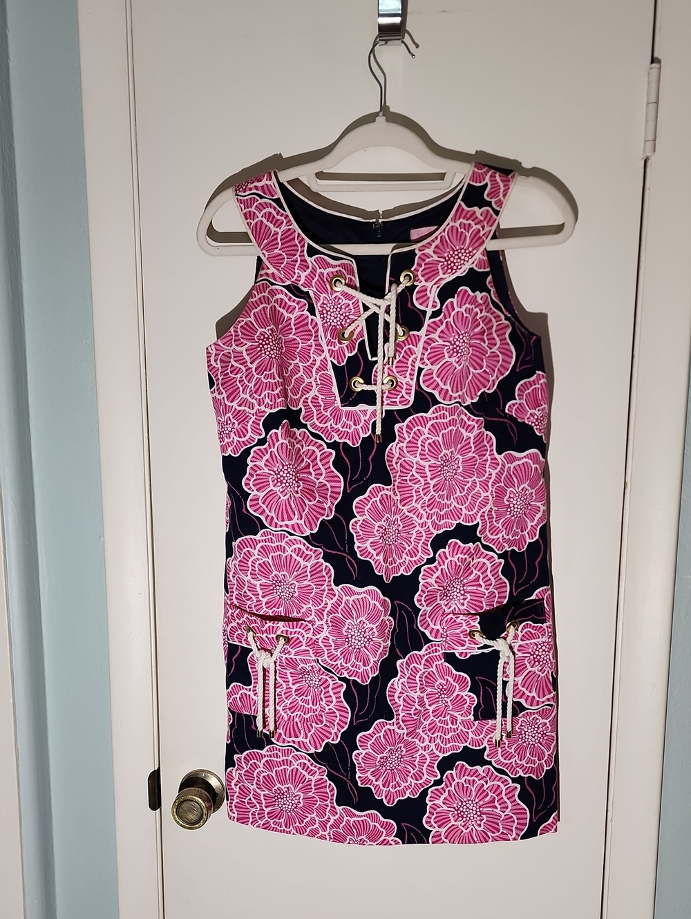 Lilly Pulitzer Navy Shift Dress with Pink Floral Print and Rope Details Size 2